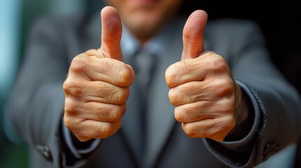 Close-up of a business executive expressing success and approval with a double thumbs up gesture in a corporate environment