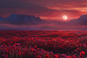 Beautiful red poppies field at sunset, Ai Generated - Powered by Adobe
