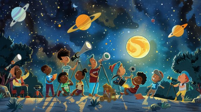 Celebratory astronomers enjoying Astronomy Day, laughter and friendship under a starry sky with telescopes and planet models.
