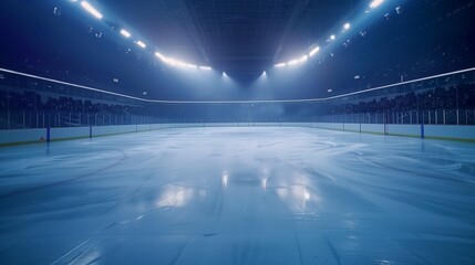 An empty ice hockey rink illuminated by bright lights with visible skate marks on the ice.