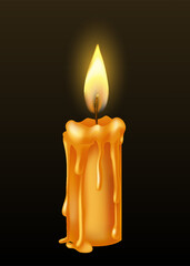 Burning candle with dripping or flowing wax. Yellow candle with golden flame. Lit and melted wax. Illustration of beautiful glowing candle on dark background