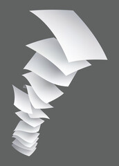 Realistic falling paper sheets. Set of flying curved leaves of paper. Vector loose soar of notes with curled edges. Fly scattered notes, empty chaotic paperwork