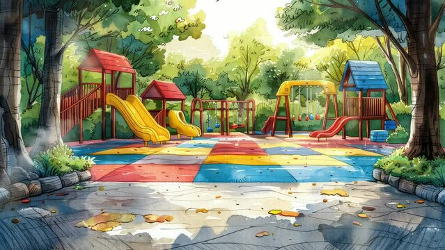 Animation happy children playground with slides and swings. seamless 4k video looping background. generated with ai