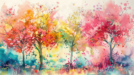 A painting showcasing trees with a riot of colorful leaves in various shades, creating a vibrant and dynamic scene
