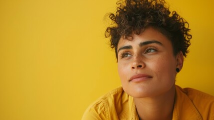 Pensive Young Woman Against a Vibrant Yellow Background