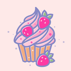 Cupcake with cream topping and strawberries. Sweet food icon. Illustration of dessert.