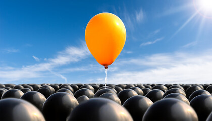 One single orange-yellow balloon with string flying away from a crowd of black balloons. Standing out from the crowd, thinking outside the box, leadership and individuality concept. Generative Ai.