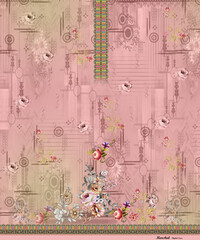 Digital textile design flowers and leaves for ladies' shirt printing indean_(Textile Three Pieces Design, Pakistani Ladies Kurti) Stock Illustration