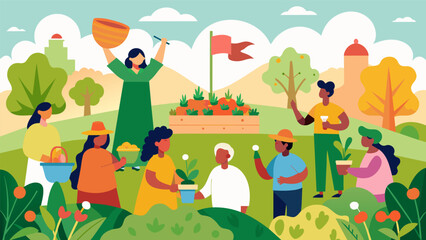A community garden filled with flowers and vegetables is the setting for a flagraising ceremony reminding all present of the hard work and dedication. Vector illustration