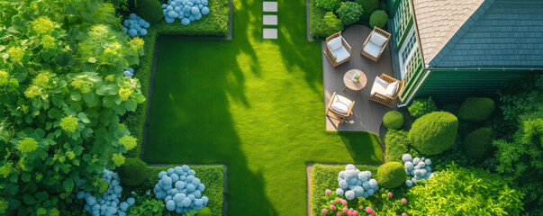 High angle view to comfortable resting spot with chairs and table in the garden.
