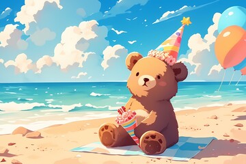 cartoon bear wearing a birthday hat on the beach