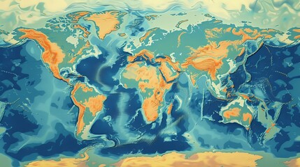 Artistic rendering of global climate zones displayed in vivid colors on a stylized map