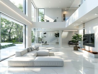 White modern mansion, spacious living room with LCD TV, futuristic design, large windows, dreamy atmosphere, medium shot, close-up living room, futuristic surreal photography