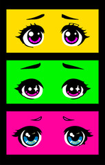 Concept of comic book frame with big anime eyes of different cartoon characters. Fashion pre-made print for t-shirt, cover or poster template.