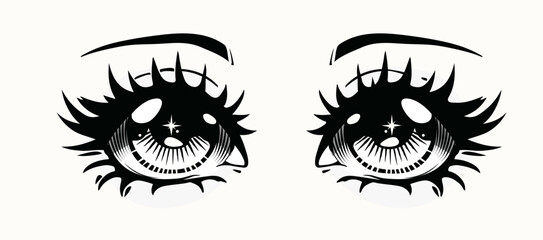 Black and white anime kawaii eyes. Hand drawn trendy vector illustration in Japanese cartoon manga style. 