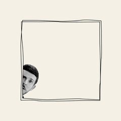 Man peeking out from frame symbolizing feeling of being trapped by own thoughts. Inner fears. Contemporary art. Psychology, inner world, mental health, feelings. Conceptual design. Single line art
