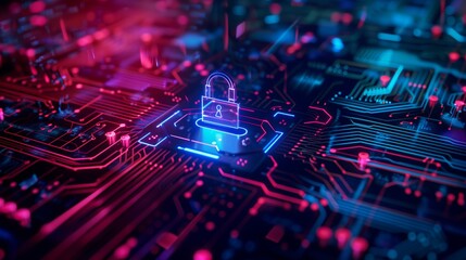 Futuristic depiction of a neon-lit circuit board with a glowing padlock symbolizing cybersecurity.