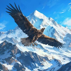 Fototapeta premium majestic eagle soaring high above a snow-capped mountain range, its wings outstretched in flight. 