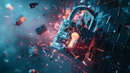 Digital artwork of a glowing padlock on fragmented surfaces with sparks and particles in a vibrant blue and red environment.