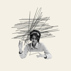Young woman with chaotic lines over head, suffering from tangled thoughts and instant overthinking....