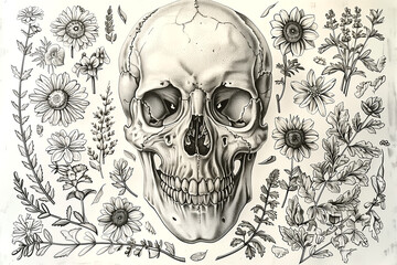 A skull is surrounded by flowers and leaves