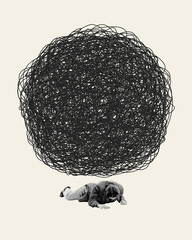 Man lying under tangled sphere symbolizing chaotic, intrusive thoughts that influence of consciousness. Contemporary art. Psychology, inner world, mental health, feelings. Conceptual design. Line art