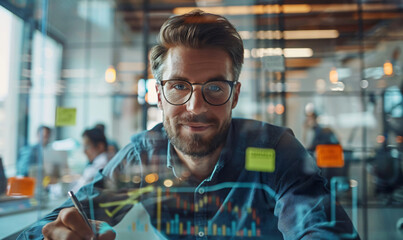 Male professional analyzing financial data on transparent digital screens. Studio portrait with digital effects. Business analysis and technology concept. Design for posters, banners, andpresentations