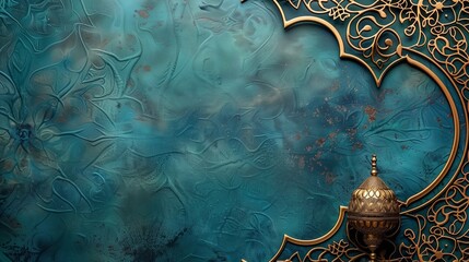Elegant Islamic style background with ornate gold filigree and a traditional lamp on a textured turquoise backdrop. - obrazy, fototapety, plakaty