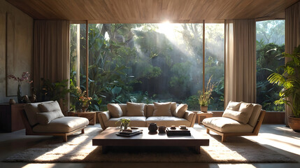 Fototapeta premium A meditation room in the office, promoting mindfulness and mental well-being as part of the workplace culture. Concept of workplace in living room with sun light