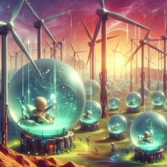 Wind turbines in a fantastical environment. Bubbles of liquid in which humans sleep, waiting to be born, cared for by robots.