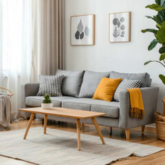 Canvas mockup in minimalist interior background with armchair and rustic decor.Front view. 3d rendering
