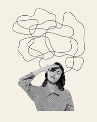 Young woman with chaotic lines over head. Cognitive chaos, mind enveloped by jumble of thoughts. Contemporary art collage. Psychology, inner world, mental health, feelings. Conceptual design. Line art