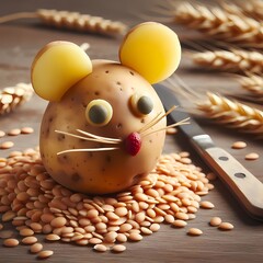 mouse made with the body of a potato, two eyes with two lentils and two ears