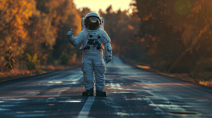 an astronaut standing on the roadside. Holding his thumb up for hitching - Powered by Adobe