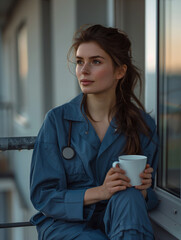 Young female nurse in scrubs enjoying a coffee break. Casual indoor portrait with soft lighting. Healthcare relaxation and wellbeing concept. Design for healthcare posters, greeting cards, and promo