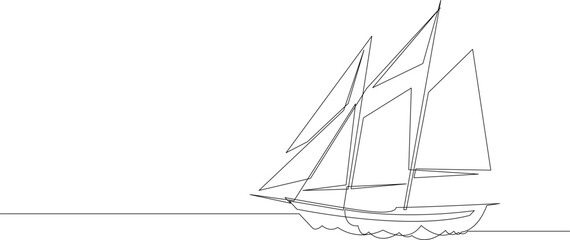 Single line drawing of sail boat or yacht. Abstract sailing vessel silhouette drawn by one continuous line.