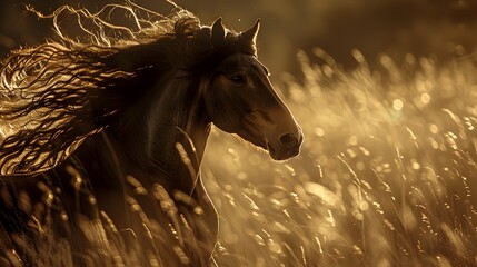 the elegance of a stunning horse adorned with a flowing mane, exuding strength and vitality as it moves gracefully through a field.