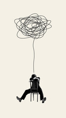 Young man sitting on chair and leaning head on hands, having many tangled thoughts. Contemporary art collage. Psychology, inner world, mental health, feelings. Conceptual design. Line art