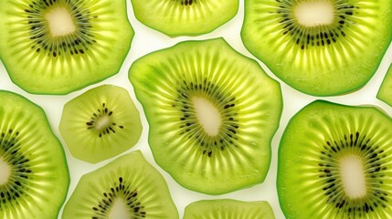 Fototapeta premium kiwi fruit cut into thin slices, revealing its intricate pattern of green flesh and black seeds, 