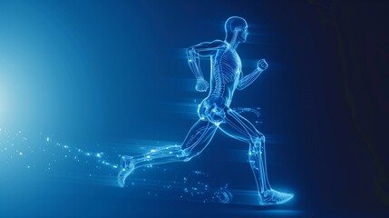 Naklejka premium Digital illustration of a human skeletal and muscular systems in a running pose on a blue background