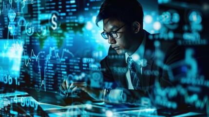 Obraz premium A financial analyst overlaid with global currency symbols and calculators