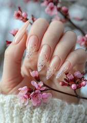 Female hand with beautiful nails, nail design, manicure in beige colors.