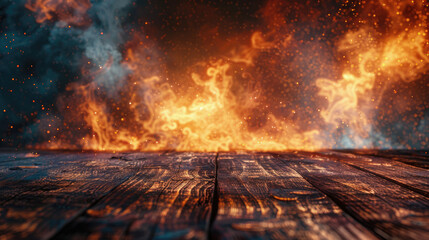 Fiery background with burning flames and empty wooden table surface in the foreground.