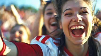 An excited young beautiful woman fan wearing a sport shirt cheered at the football stadium,...
