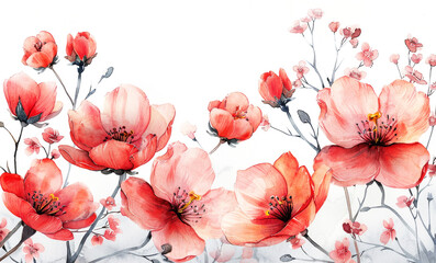 Frame of watercolor spring red flowers on a white background. Greeting card mockup, copy space.