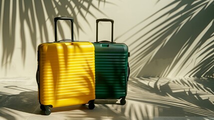 Two hard-shell suitcases, one yellow and one green, illuminated by sunlight with palm shadow patterns.