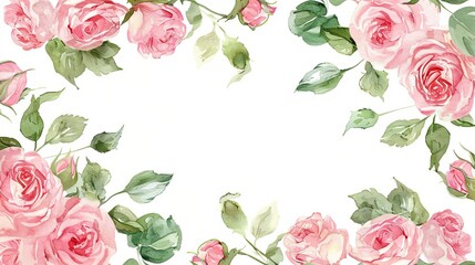 delicate pink watercolor roses and green leaves forming a romantic border wedding and greeting card illustration