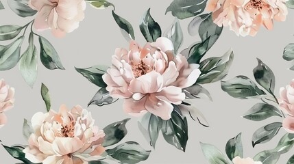 delicate watercolor floral pattern with peonies and green leaves boho vintage asian style