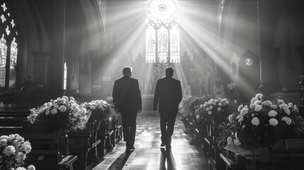 Silhouettes of two men at a funeral ceremony, funeral service in a church. Black and white image.
