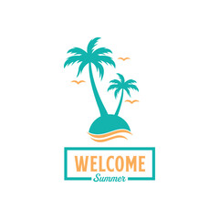 summer beach vector logo with surf and coconut trees